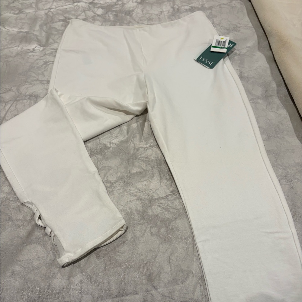 Lysse Cream High-Waist Leggings with Hem Lace Detail